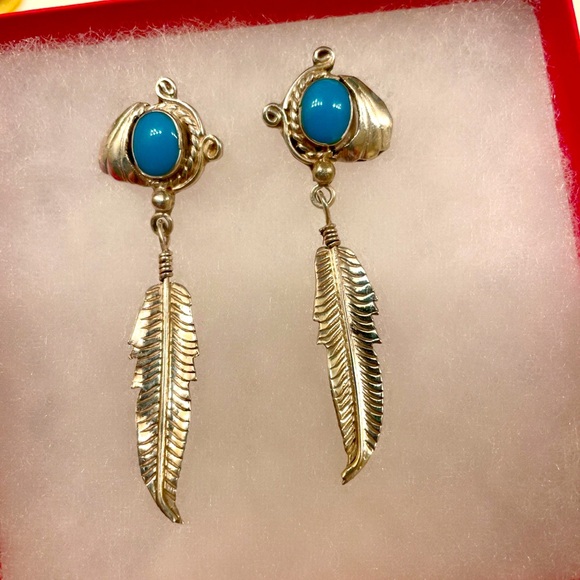 Rare Vintage Large Native American Signed Turquoise Sterling Silver Earrings - Picture 3 of 6